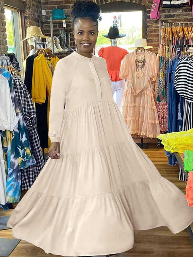 Long Sleeve Solid Ruffle Swing Maxi Dress