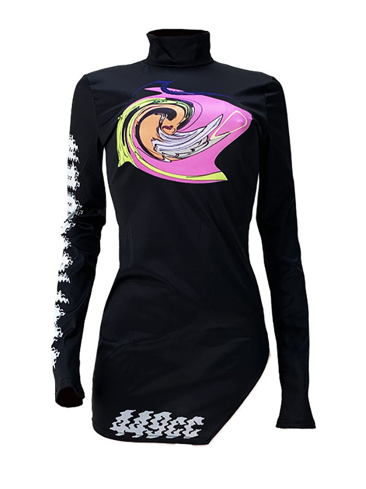 Long Sleeves Print Side Split Mini Dress