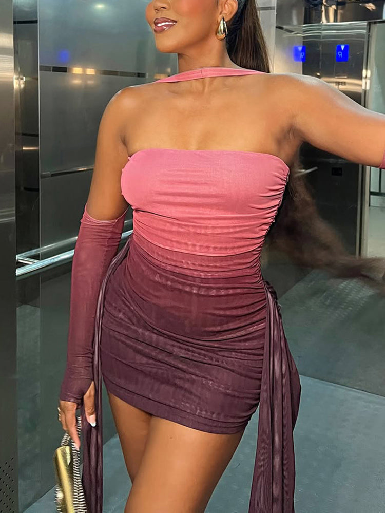 Strapless Mesh Mini Dress with Scarf Gloves