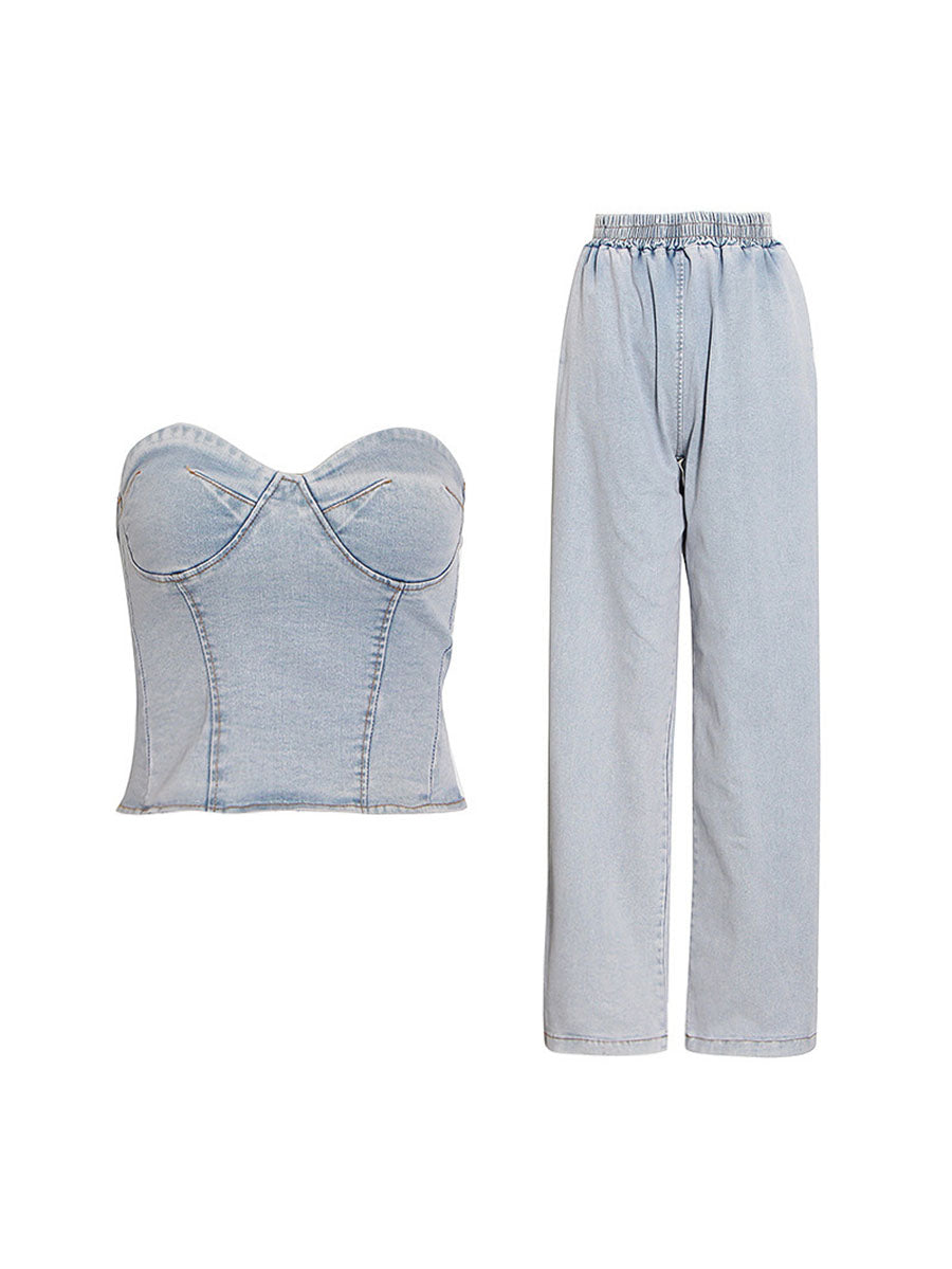 Strapless Elastic Waist Denim Sets