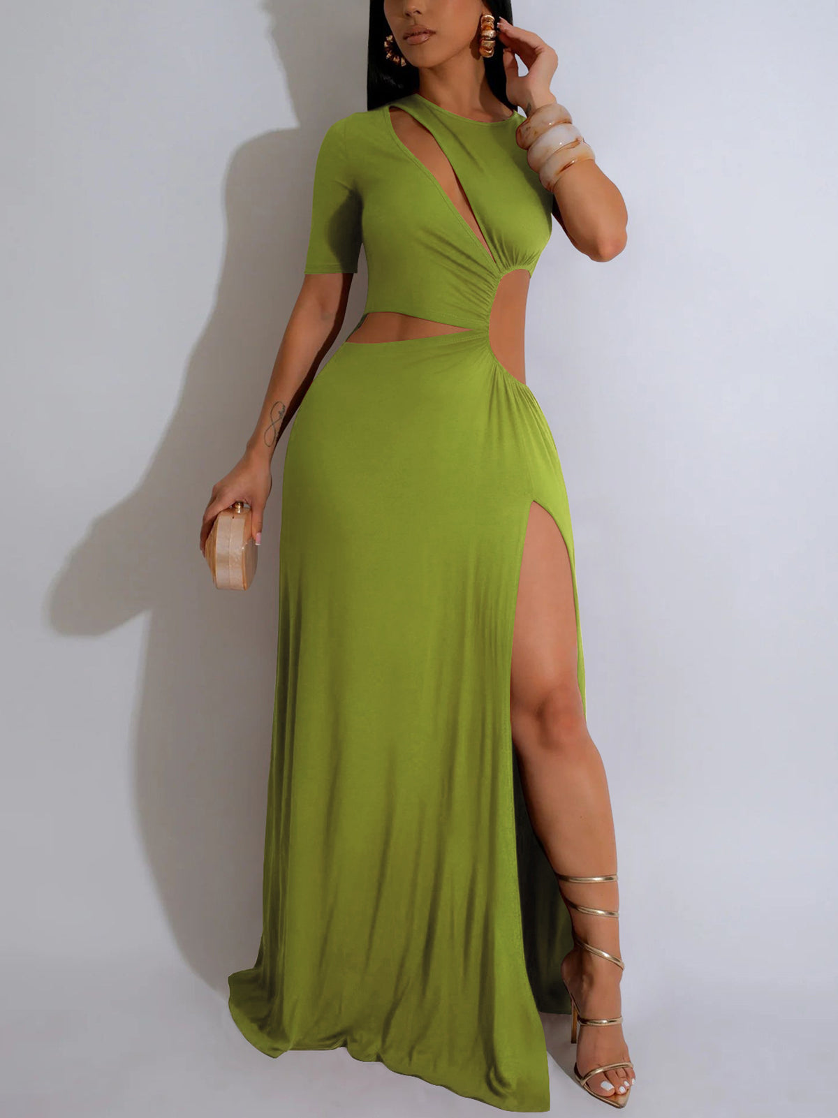 Cutout Ruched Slit Maxi Dress