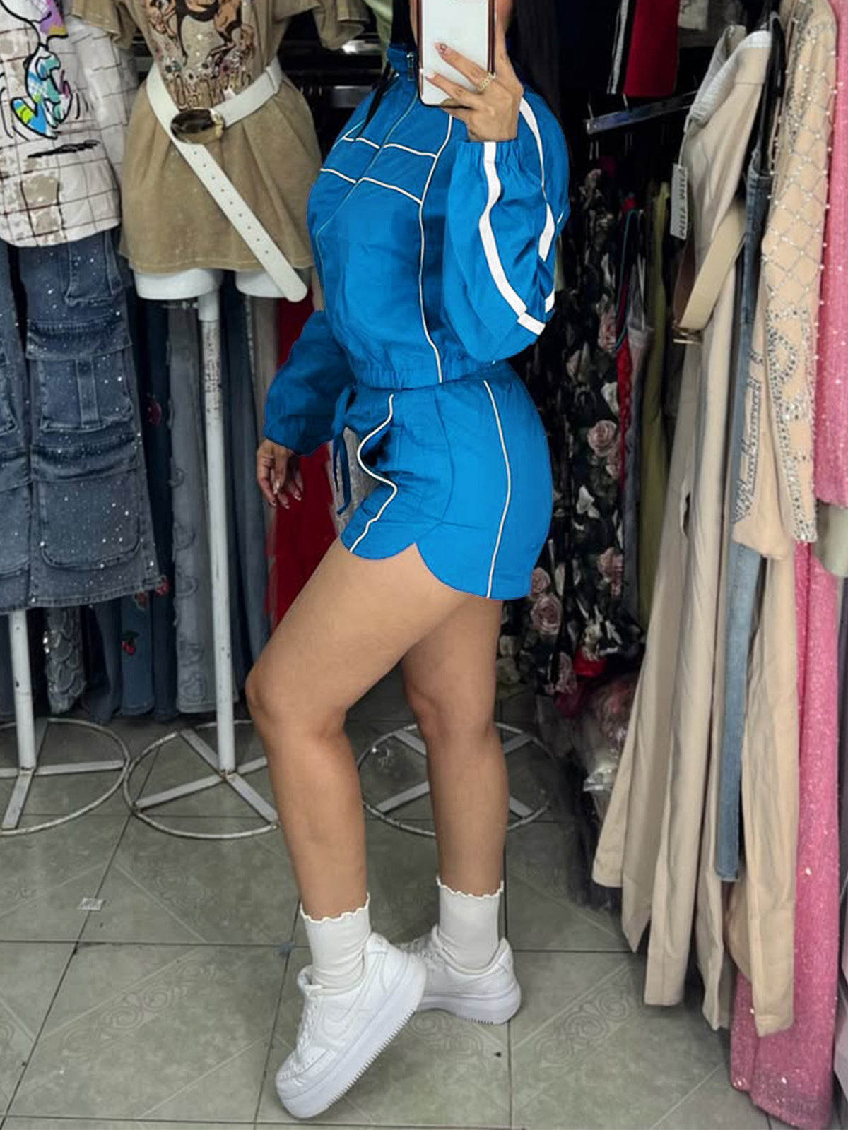 Zipper Colorblock Long Sleeve Shorts Set