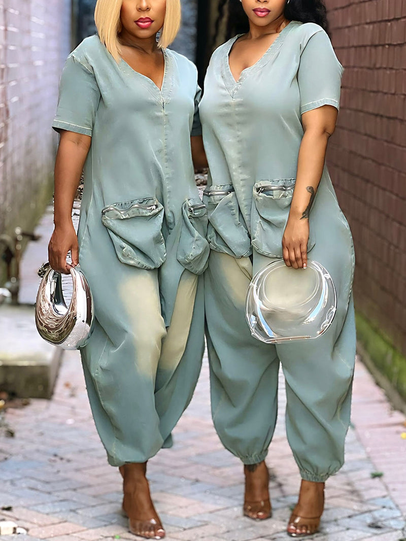 Pockets Bagged Denim Jumpsuit