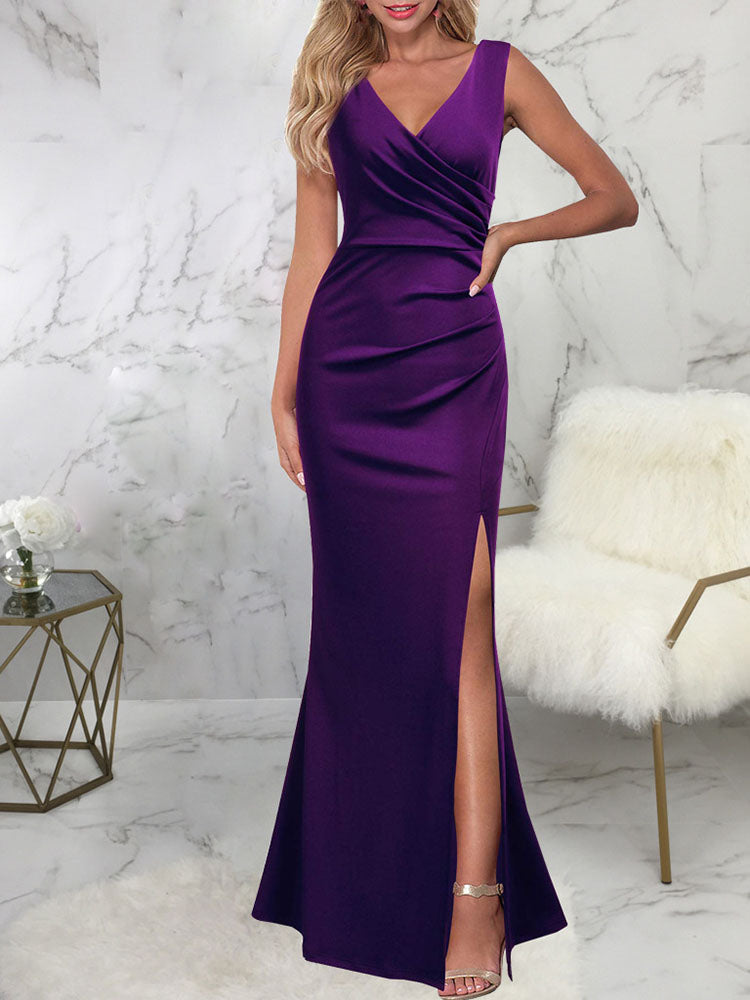 Sleeveless Ruched Split Maxi Dress