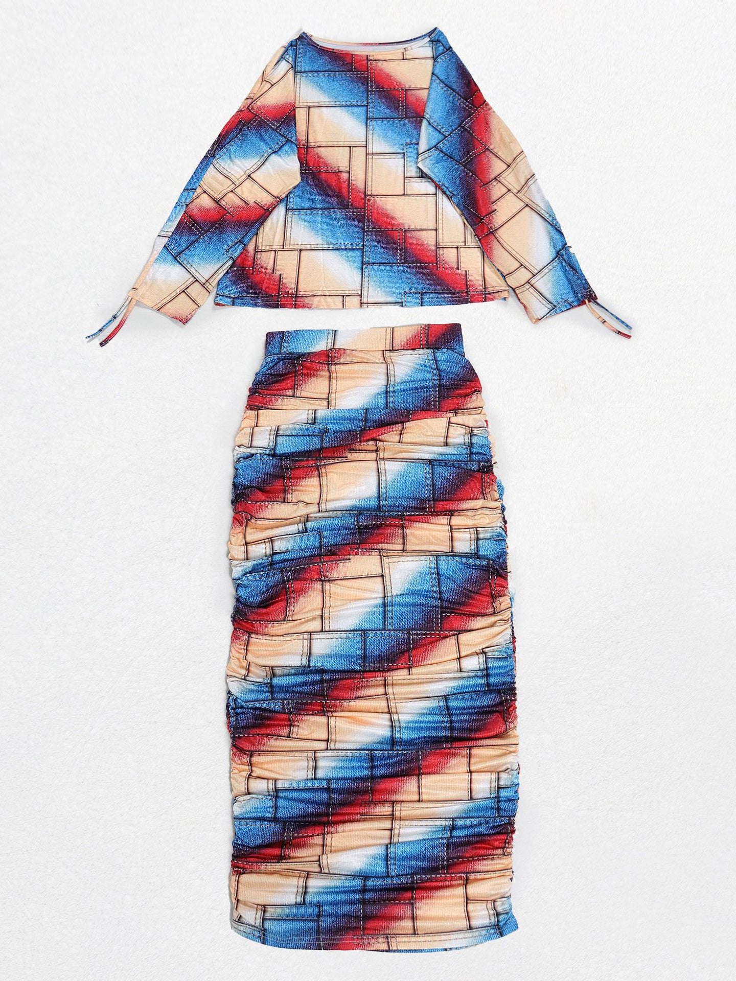 Printed Ruched Long-Sleeve Dress Set