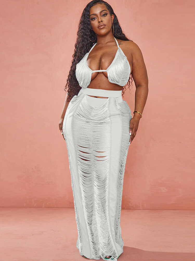 Two Piece Tassel Top Hollow Out Maxi Skrits