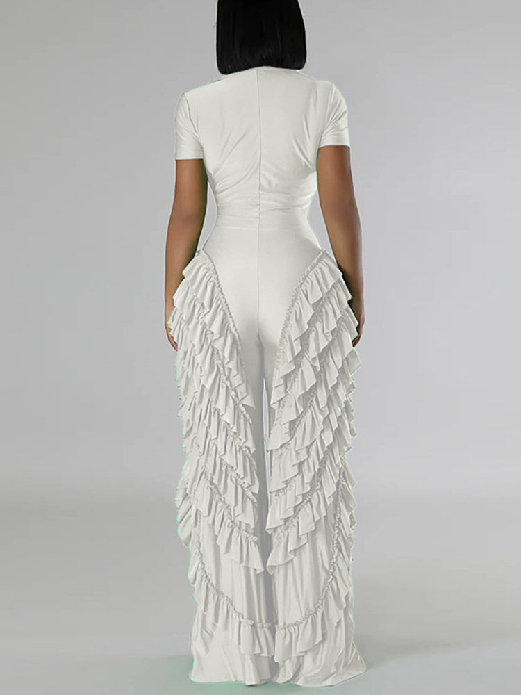 Two Pieces Short Sleeve Ruffle Trim Jumpsuit