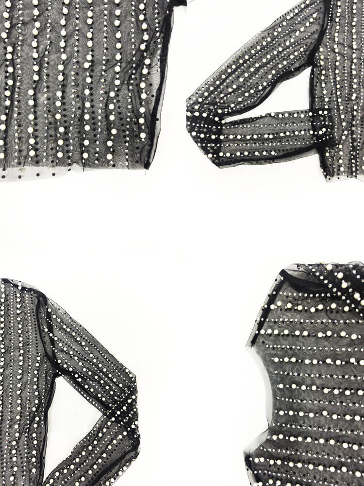 Long Sleeve Mesh Rhinestone Crop Top