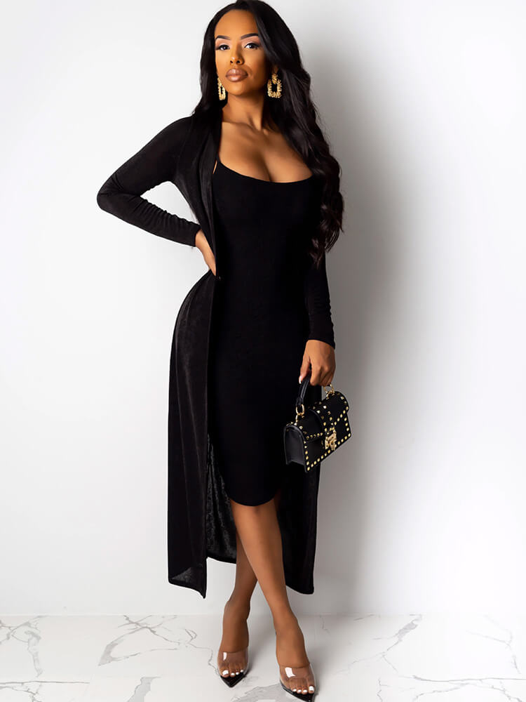 Two Piece Long Sleeve Coat Spaghetti Strap Dress