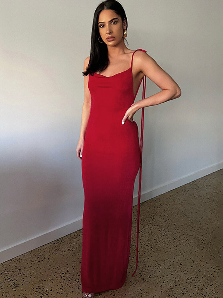 Swing Collar Spaghetti Strap Backless Maxi Dress