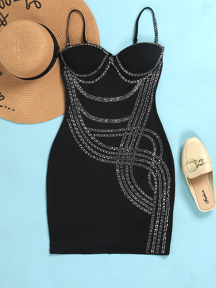 Spaghetti Strap Rhinestone Patchwork Mini Dress