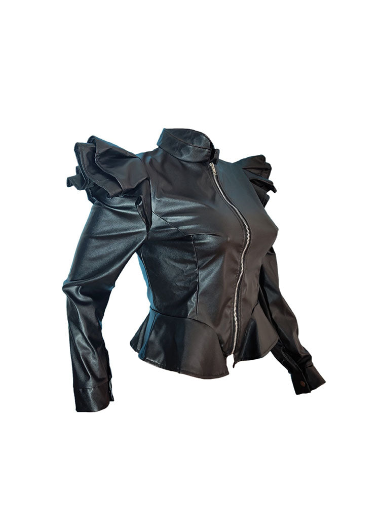 PU Leather Ruffle Long Sleeves Jacket
