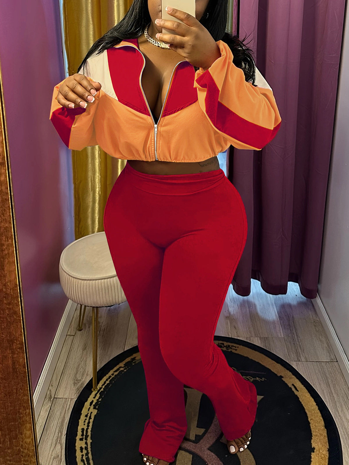 Color Block Zipper Cardigan and Tights Sports Set