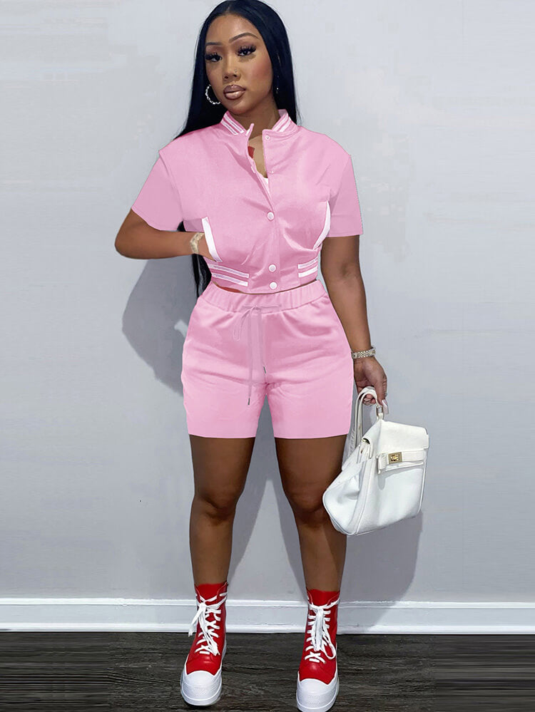 Two Piece Short Sleeve Color Block Baseball Tracksuit