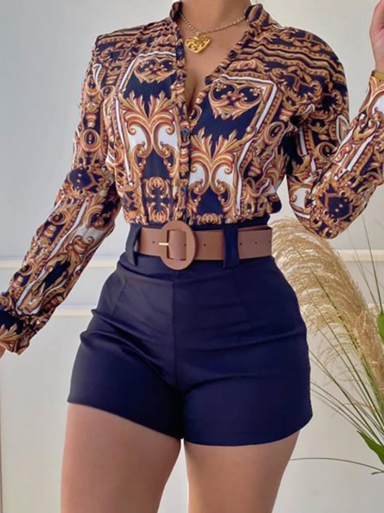 Two Piece Long Sleeve Shirt High Waist Shorts