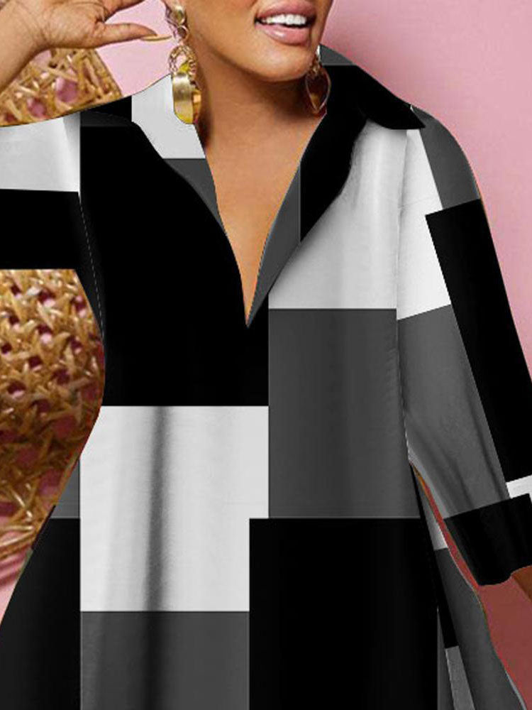 Long Sleeves V Neck Print Midi Dress