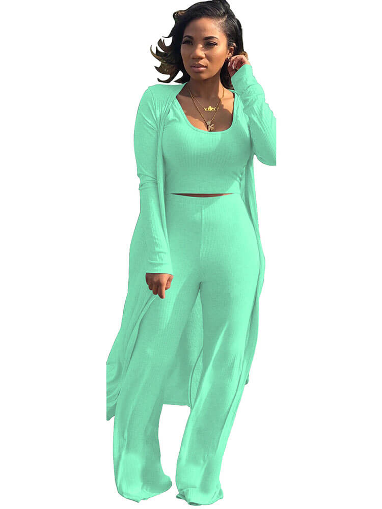 Three Pieces Set Crop Top Long Kimono Cardigan Pants