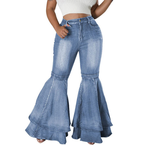 Jean évasé à taille haute et volants en denim