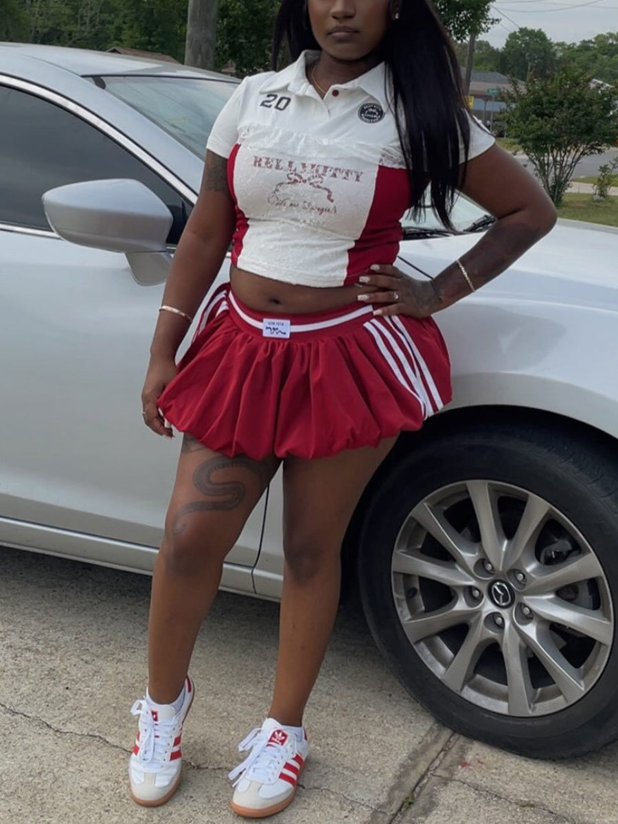 Lace Trim Letter Print Top Pleated Skirt Set