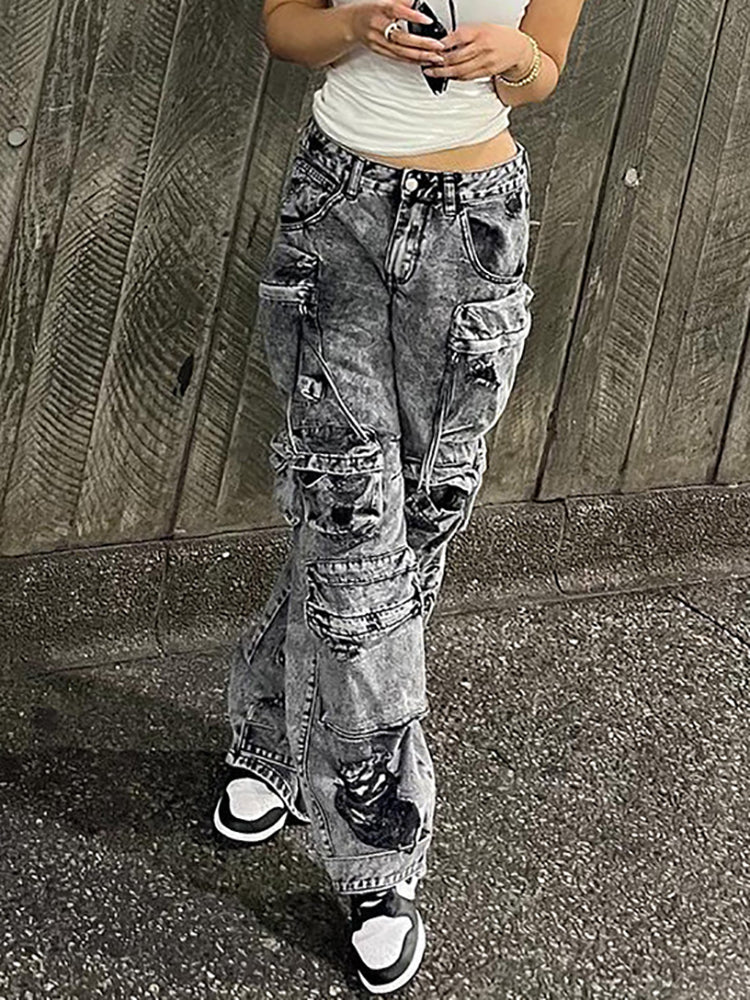 Multiple Pockets Washed Denim Cargo Jeans