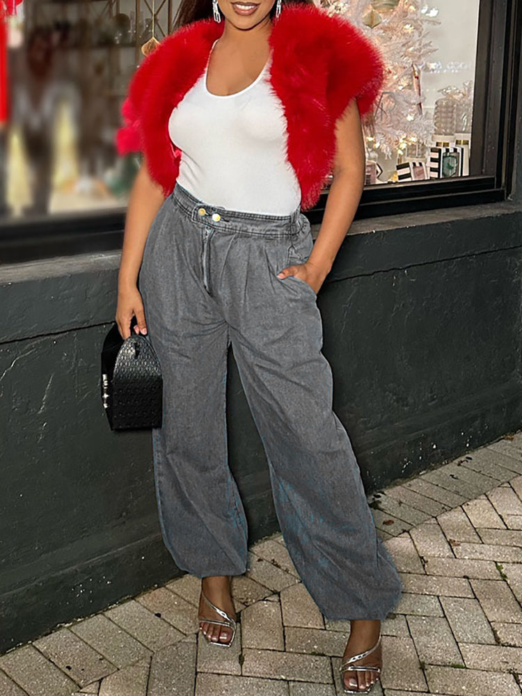 Elastic Waist Drawstring Denim Pants