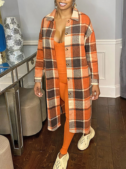 Plaid Button Down Long Shirt Jacket 750