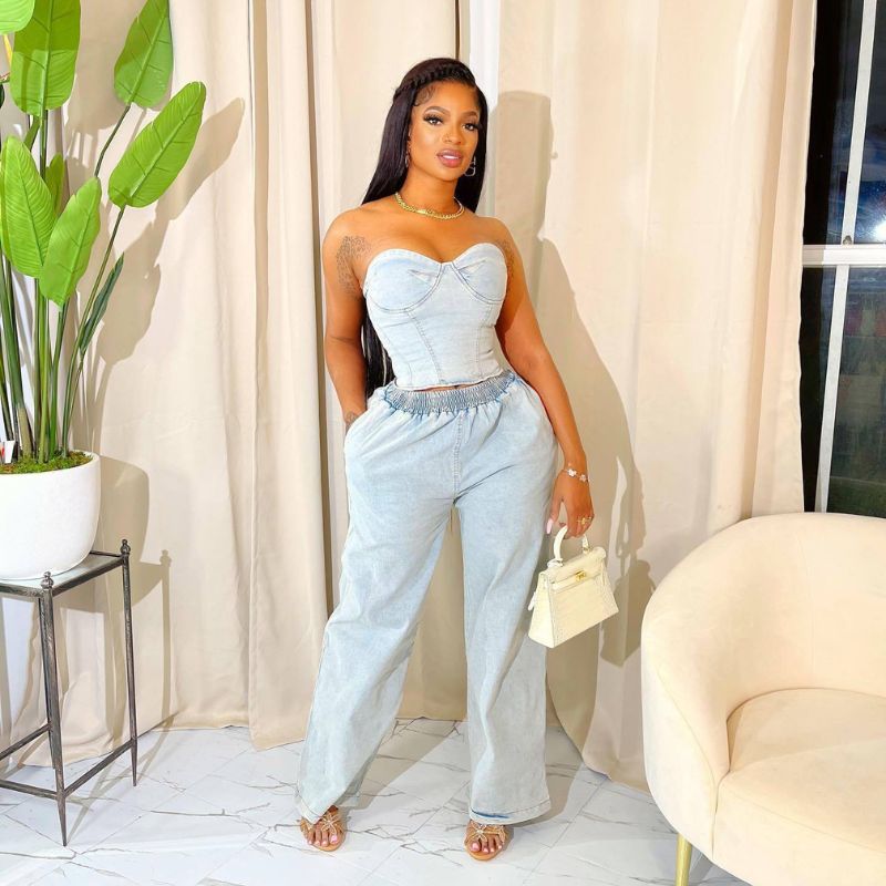 Denim Strapless Crop Top Long Pant Set
