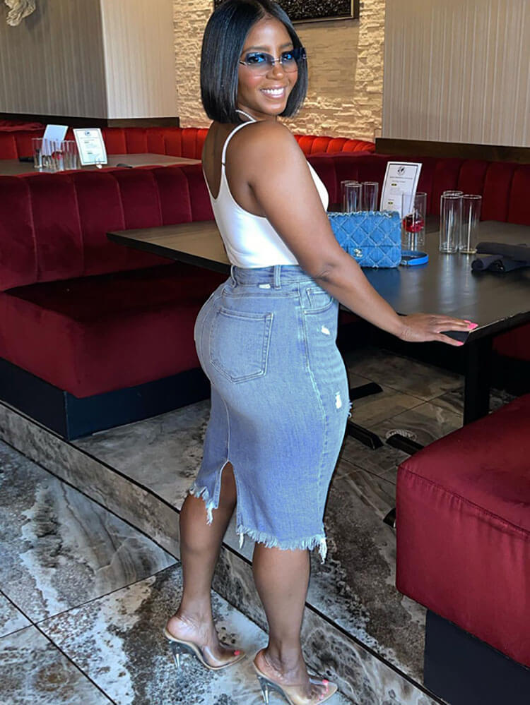 Denim Ripped Back Split Midi Skirts