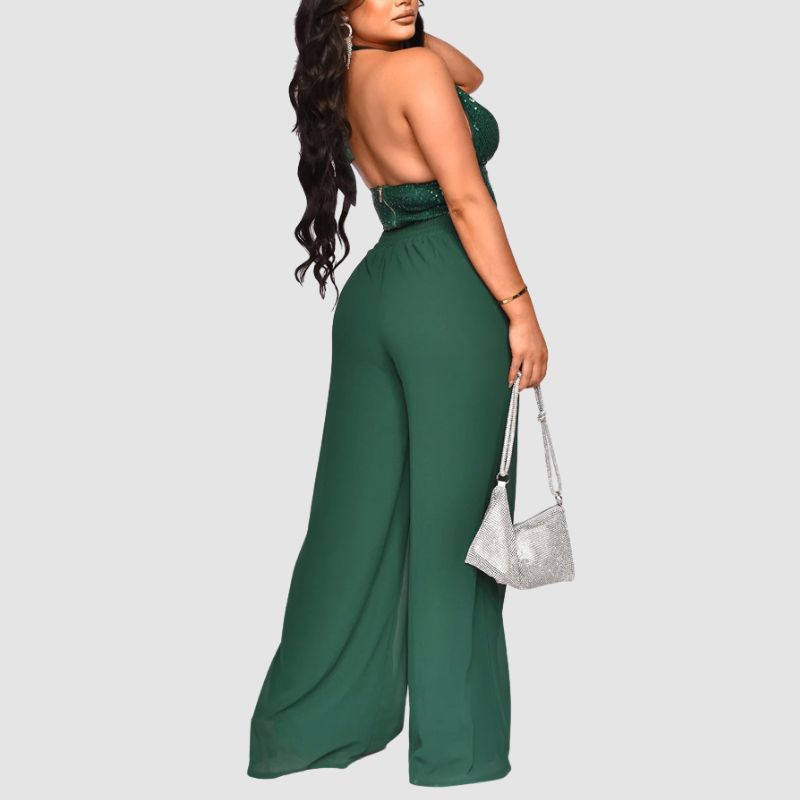 Sequined Halter Vest High Waisted Straight Pants Set