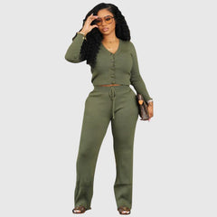 V-neck Crop Top Drawstring Knit Pant set