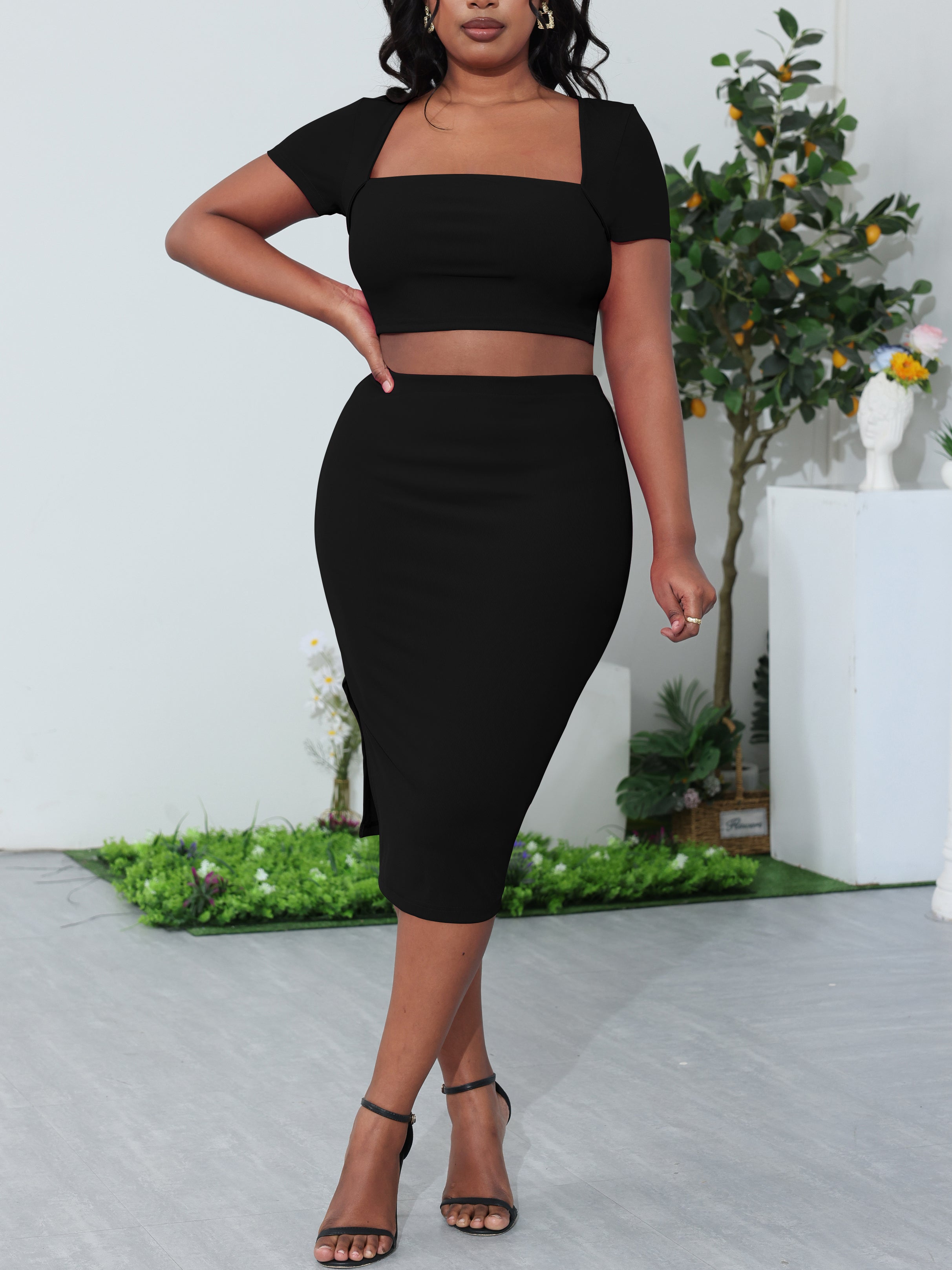 Square Neck Crop Top Side-Slit Midi Skirt
