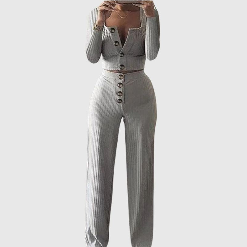 Buttoned Square Collar Top Wide Leg Pant Set