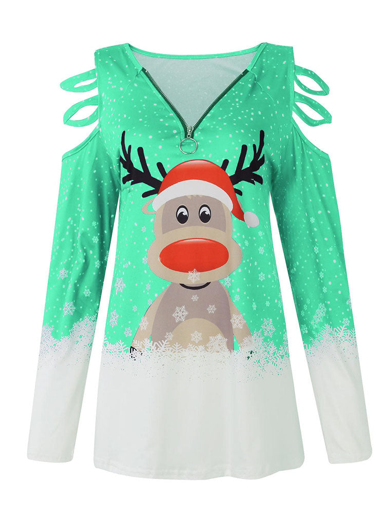 Christmas Plus Size Long Sleeves Elk Print Top