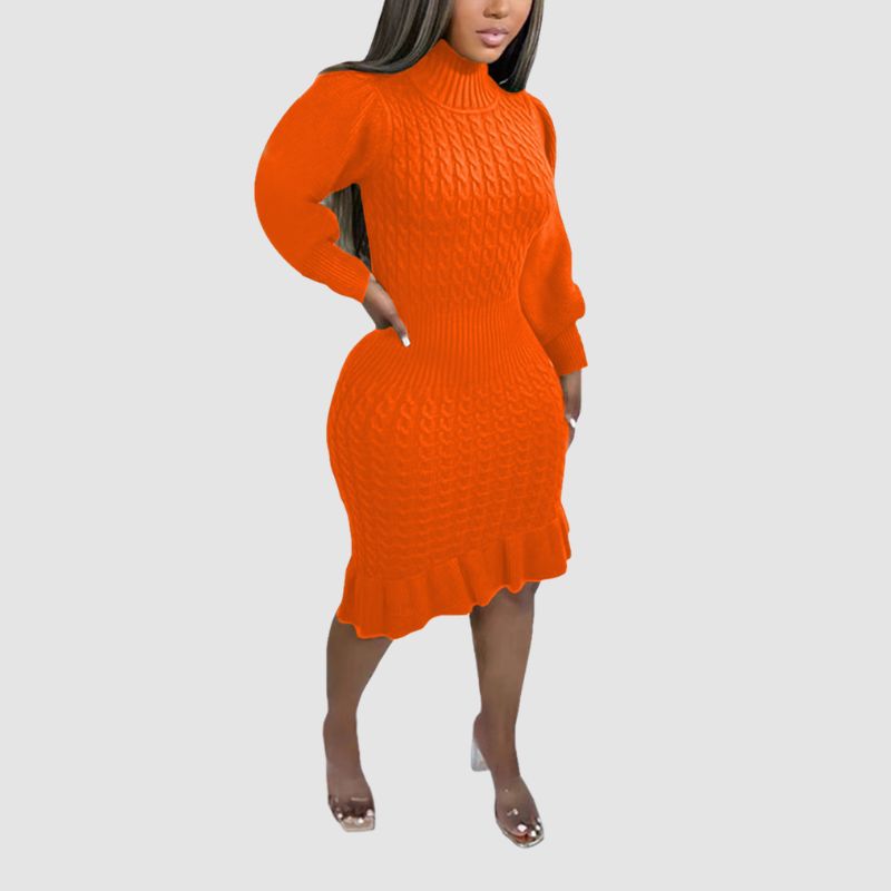 Ruffled Knitted Turtleneck Dress