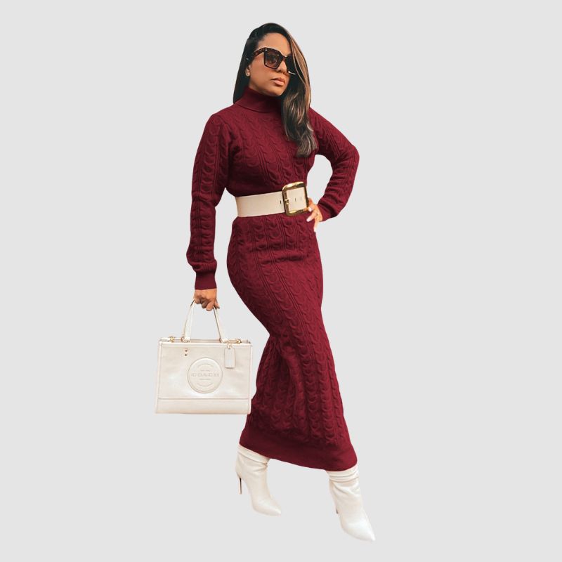 Solid Color Turtleneck Knit Dress