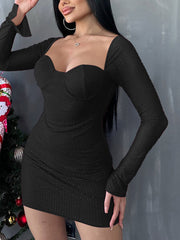 Long Sleeve Mesh Rhinestone Dress