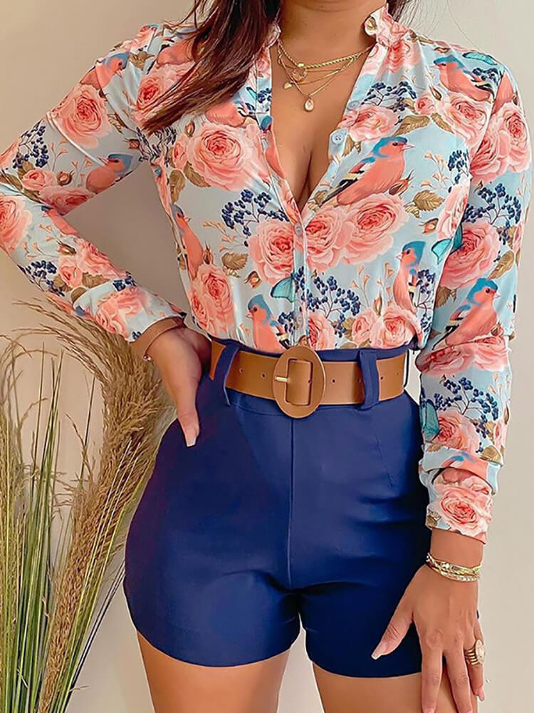 Two Piece Long Sleeve Shirt High Waist Shorts