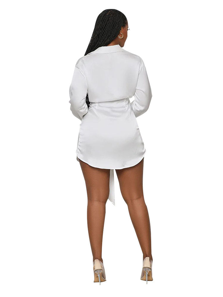 Long Sleeve Lapel V Neck Button Ruched Mini Shirt Dress