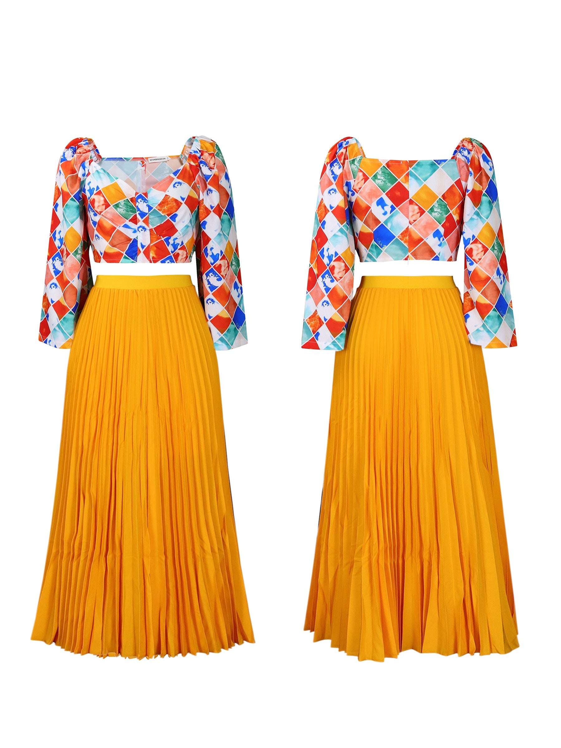 V-Neck Printed Top & Pleated Skirt Two-Piece Set