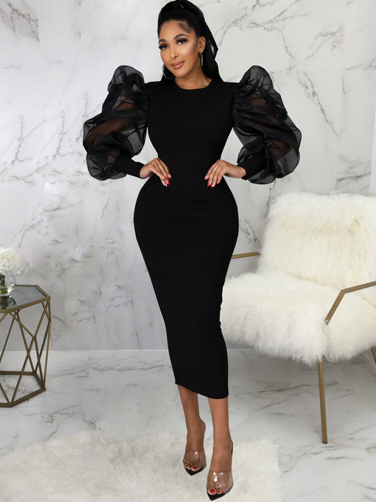 Lantern Sleeve Patchwork Maxi Dress