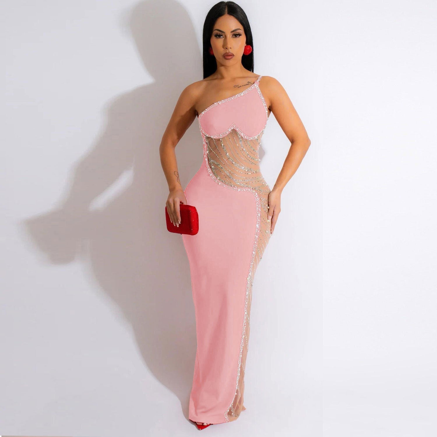 Sleevelesss Rhinestone Mesh Patchwork Maxi Dress