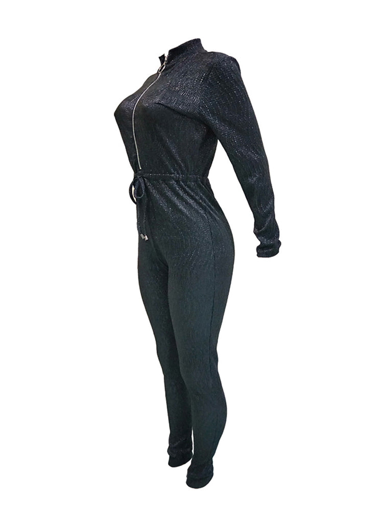 Long Sleeve Sequin Belted Jumpsuit