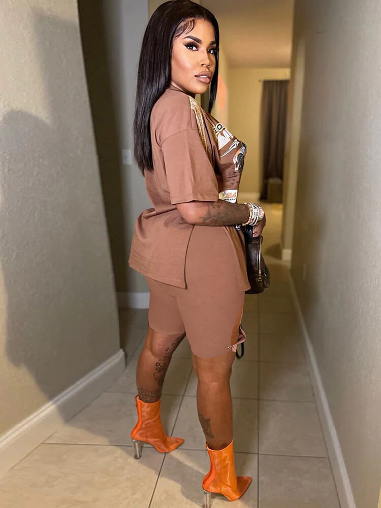 Two Piece Short Sleeve Figure Print Top Slit Shorts