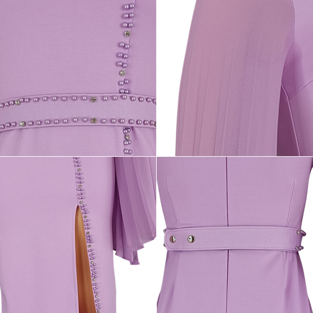 Plus Size Pleated Long Sleeve Beaded Bodycon Dress