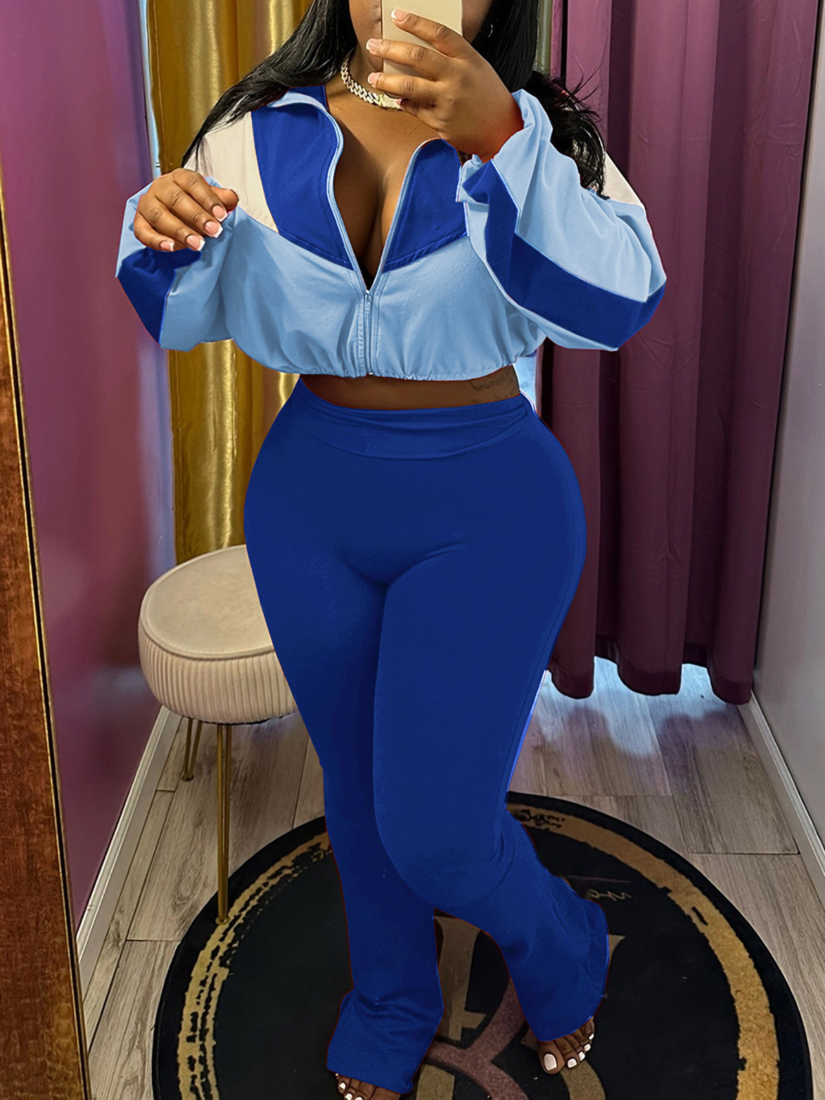 Color Block Zipper Cardigan and Tights Sports Set