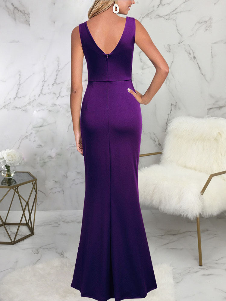 Sleeveless Ruched Split Maxi Dress