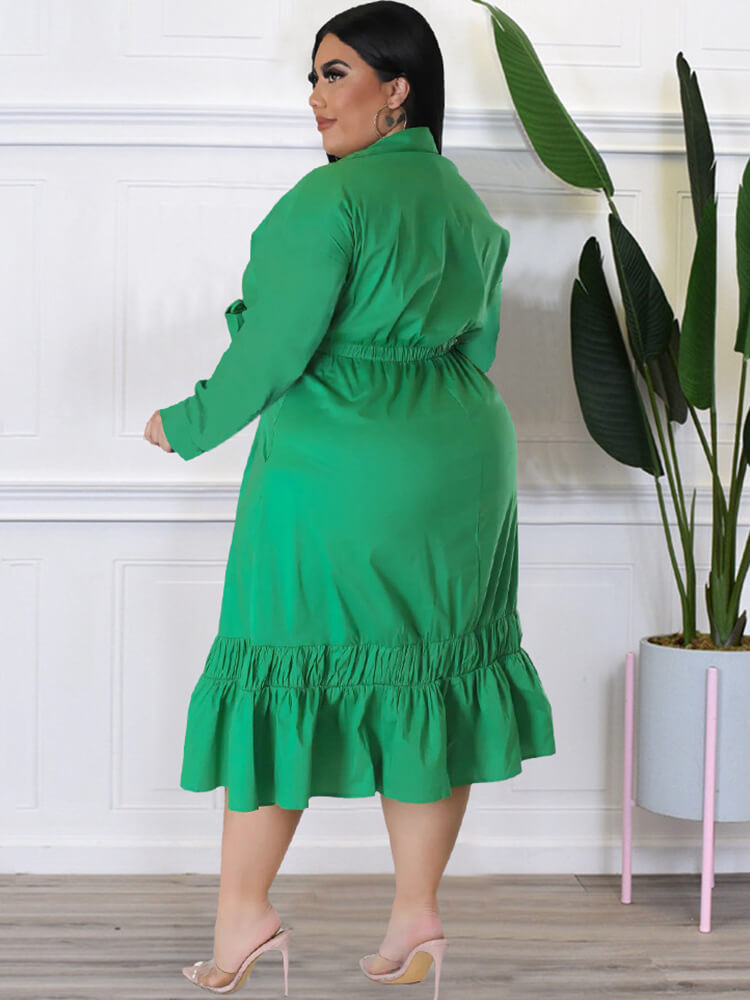 Long Sleeve Lace Up Solid Midi Dress