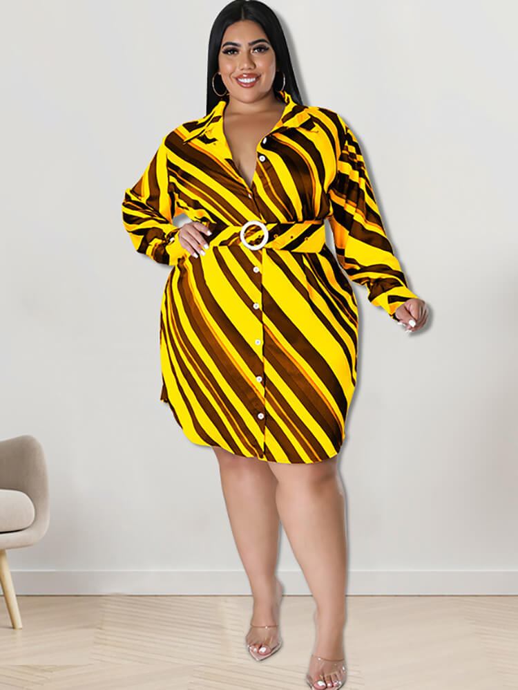 Long Sleeve Striped Mini Dress With Belt