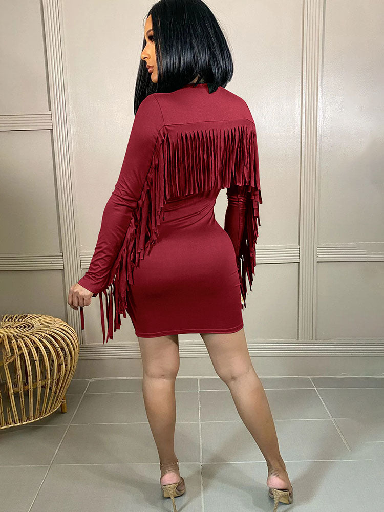 Long Sleeve Solid Color Tassel Mini Dress