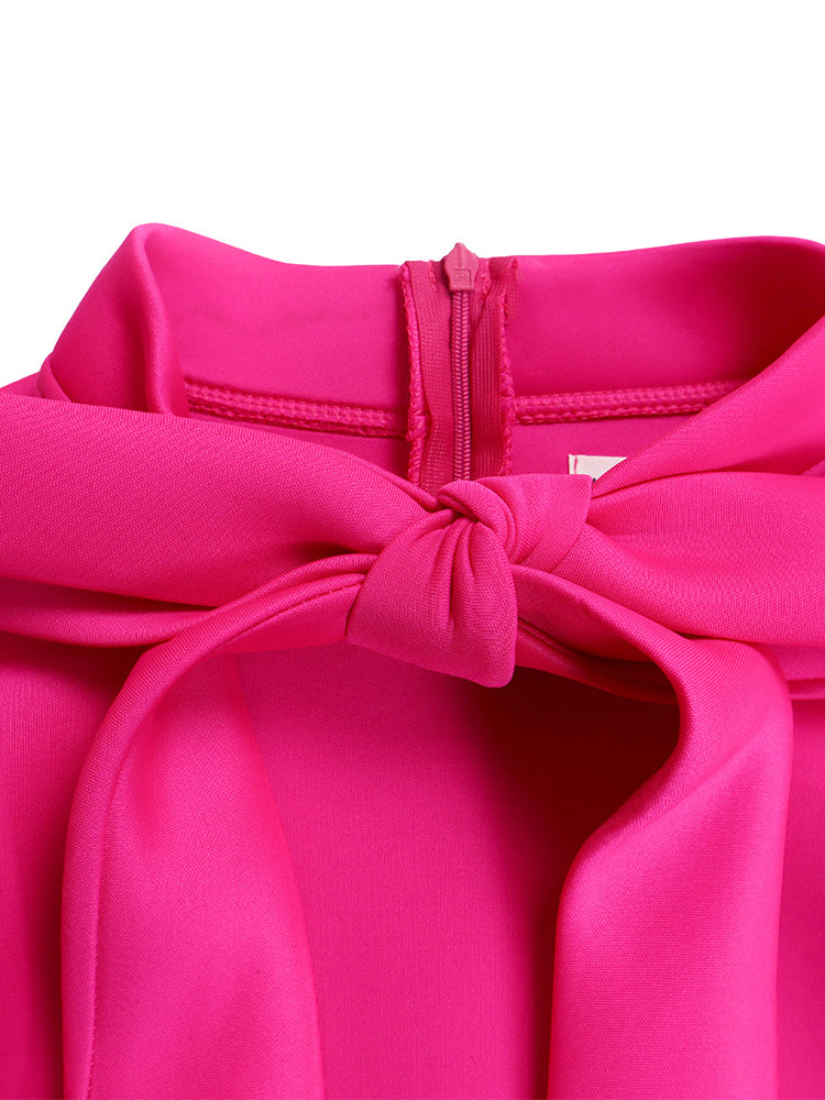 Puff Sleeve Bow-Tie Neck Flared Midi Dress